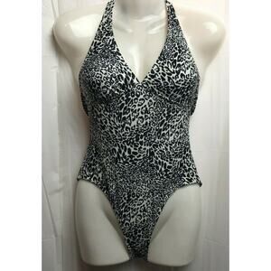 Old Navy One Piece Swimsuit Women XS Black White Animal Print Halter Padded